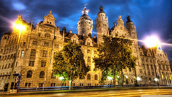 government building in leipzig r, night, lights, trees, building, r, towers HD wallpaper