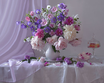 Peonies in a vase, Flowers, Plate, Bells, Petals HD wallpaper