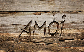 Amoi wooden logo, , wooden backgrounds, brands, Amoi logo, creative, wood carving, Amoi HD wallpaper