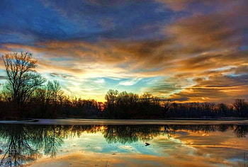 Lazy morning, morning, clouds, trees, lake, reflections, sunrise, aqua and blue sky HD wallpaper