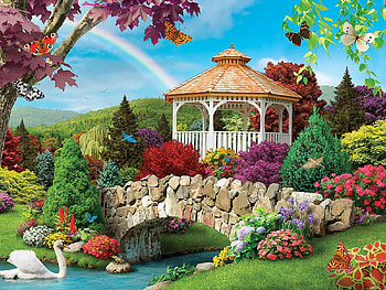 A Perfect Paradise, artwork, digital, creek, plants, gazebo, bridge, colors, swan HD wallpaper