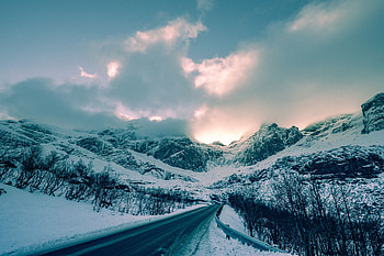 Winter, Nature, Mountains, Clouds, Snow, Road, Norway HD wallpaper