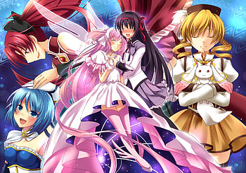 Mahou Shoujo Madoka Magica, blue, purple hair, cute, red hair, angel, sakura kyouko, dress, beauty, miki sayaka, tomoe mami, blonde hair, stunning, sexy, thigh highs, hot, blue hair, akemi homura, beautiful, pink hair, beauties, anime girls, purple, pink, pretty, yello, red HD wallpaper