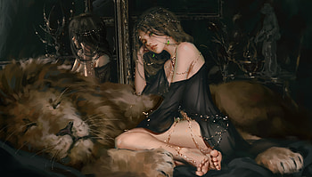 Nap, girl, princess, lion, animal, frumusete, leu, art, ghostblade, aeolian, fantasy, wlop, sleep HD wallpaper