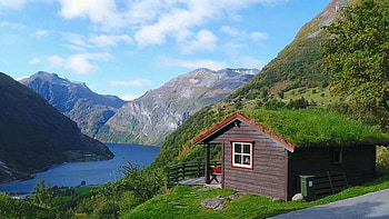 Geirangerfjord, Norway, clouds, landscape, sky, water, mountains, cabin HD wallpaper
