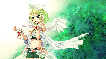 kagamine_rin-vocaloid, rin, cute, vocaloid, dress, wing, short hair, kagamine rin, female, sexy, wings, ribbon, hot, girl, anime girl, anime, green, green hair, green eye, head HD wallpaper