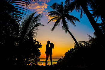 Silhouette of a couple sharing a romantic moment on a tropical beach at sunset with palm trees. HD wallpaper