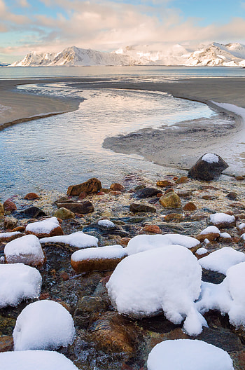 Nature, Mountains, Snow, Rock, Stone, Creek, Brook HD phone wallpaper