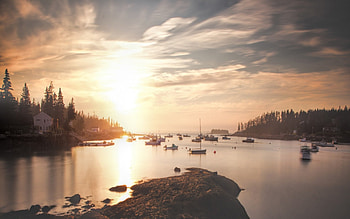 stonington maine at sunset, town, boats, inlet, harbor, sunset HD wallpaper