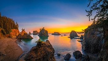 Sunset at Oregon Coast, sky, rocks, sea, trees, colors, usa HD wallpaper