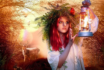 ~Holy Ivy~, weird things people wear, digital art, woman, creative pre-made, love four seasons, redheads, fantasy, Christmas, manipulation, xmas and new year, lantern, cardinals HD wallpaper