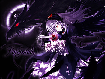 Fuigintou, black wings, with red rose, red eyes, black dragon, dark violet HD wallpaper