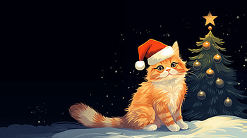 Christmas Cat in Santa Hat, santa hat, christmas tree, Animal, cat, Christmas, christmas cat HD wallpaper