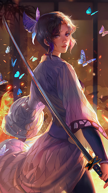 Shinobu girl 3, dress, sword, Warrior, butterfly, rose, anime, colorful HD phone wallpaper
