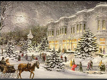 Village Rink, winter, horse, fun, church, enjoying, houses, stores, outdoors, moon, snow, snowing, trees, ride, rink, laughter, skating, cold, people, playing, sleigh, lights, activities, sky, memories, evening HD wallpaper