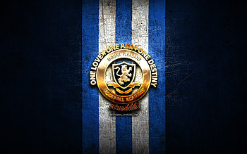 Mount Pleasant FC, golden logo, Jamaica Premier League, blue metal background, football, jamaican football club, Mount Pleasant FA logo, soccer, Mount Pleasant FA HD wallpaper
