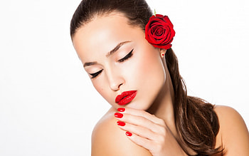 Gorgeous, makeup, rose, model, arrows, lipstick, white background, face, hair HD wallpaper