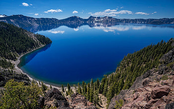Crater Lake, Oregon, sky, water, reflections, clouds, rocks, usa HD wallpaper