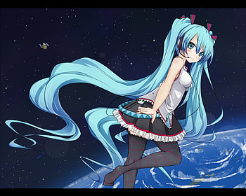 Miku Hatsune IN SPACE!!, earth, anime, hatsune miku, space, miku hatsune HD wallpaper