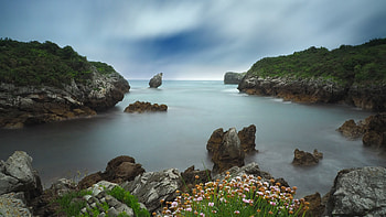 Coastline, rain, rocks, Coast, sky, nature, cliff, mountains, ocean, cloud HD wallpaper