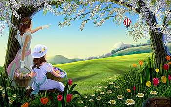 Anime Girls, girl, tree, flower, field, balloon HD wallpaper