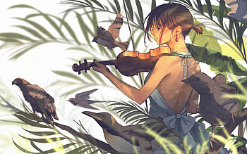 Violist and Birds, girl, birds, anime, violist, leaves HD wallpaper