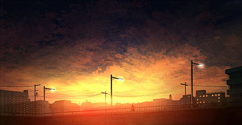 Sunset Cityscape, Scenery, Sunset, Houses, Cityscape, Anime, Lone Figure, Lamp Posts, Clouds HD wallpaper
