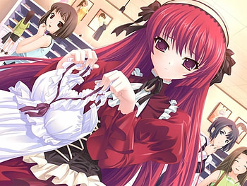 which one? this one? well... your the expert..., headband, shop, anime, cute, red hair, dress HD wallpaper
