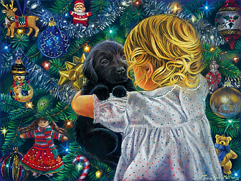 Puppy for Christmas, dog, decoration, painting, christmas, ornaments, child, tree HD wallpaper