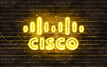 Cisco yellow logo, , yellow brickwall, Cisco logo, brands, Cisco neon logo, Cisco HD wallpaper