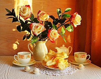 Still life, color, roses, vase, beautiful, cups, coffee, nature, flowers HD wallpaper