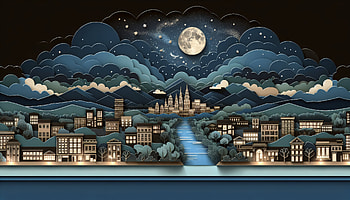 Moonlit Townscape - Enchanting Night View, night view, paper art, moon, city skyline HD wallpaper