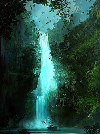 Ship, Art, Waterfall, Bats HD phone wallpaper