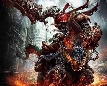 demon rider, buildings, weapon, beast, man HD wallpaper
