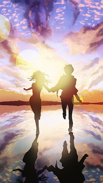 Couple Cartoon, Anime, Sunset Background, beach HD phone wallpaper