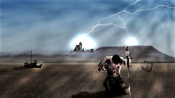 Dying Warrior, death, war, lightning, fantasy, battle, weapon, castle, dead, warrior HD wallpaper