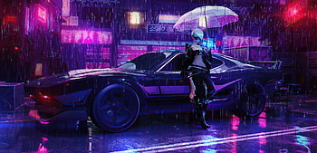 Girl With Umbrella And Car, cyberpunk, rain, artist, artwork, artstation HD wallpaper