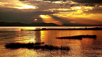 Golden Beams, boat, clouds, sky, nature, lake, sunset, mountain HD wallpaper