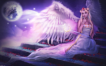 Angel on Stairs, artwork, wings, moon, light HD wallpaper