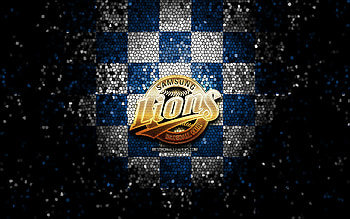 Samsung Lions, glitter logo, KBO, blue white checkered background, baseball, South Korean baseball team, Samsung Lions logo, mosaic art HD wallpaper