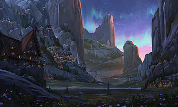 Enchanted Twilight: Fantasy Cityscape Under Northern Lights, fantasy, city, fantasy city HD wallpaper