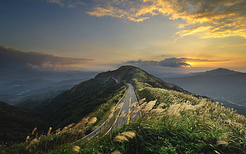 Mountain, Grass, , Road, Sunset HD wallpaper