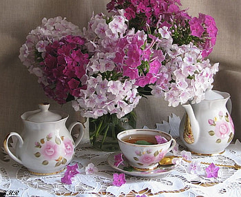 still life, bouquet, doily, spring, nice, flower, glass, saucer, spoon, white, settings, vase, cup, sugar bowl, harmony, graphy, tea, pocelain, floral, lace, gold, tea pot, , elegantly, soft, beautiful, elegant, jug, pink, cool, flowers, lacey, drink HD wallpaper