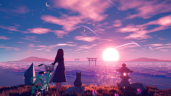 Girl With Bicycle And Dog Looking At Sun, artist, artwork, digital-art, dog, bicycle HD wallpaper