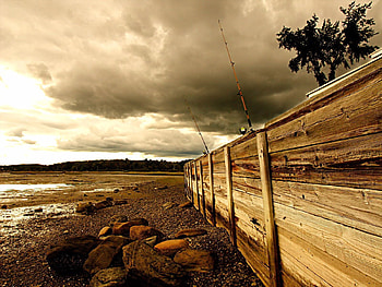 Nature, Stones, Sea, Shore, Bank, Fence, Fishing Rods HD wallpaper
