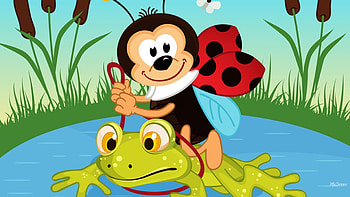 Ladybug Rodeo, lady bug, ladybug, cat tails, cute, ride, whimsical, frog, pond HD wallpaper