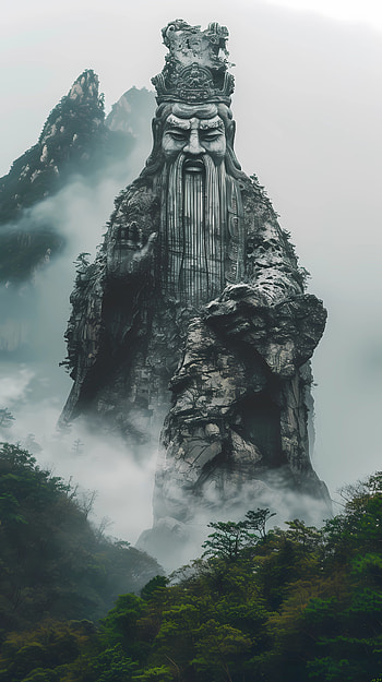 Giant asian wise man statue rising from mist, mist, statue, fantasy, nature HD phone wallpaper