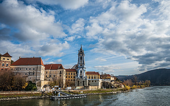 Abbey in Austria, clouds, river, Austria, monastery HD wallpaper
