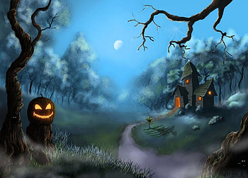 Jack o'Lantern, night, halloween, art, house, lights, trees, pumpkin HD wallpaper