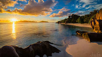 Paradise Beach, Seychelles, sky, rocks, sunset, sea, palms, sand HD wallpaper